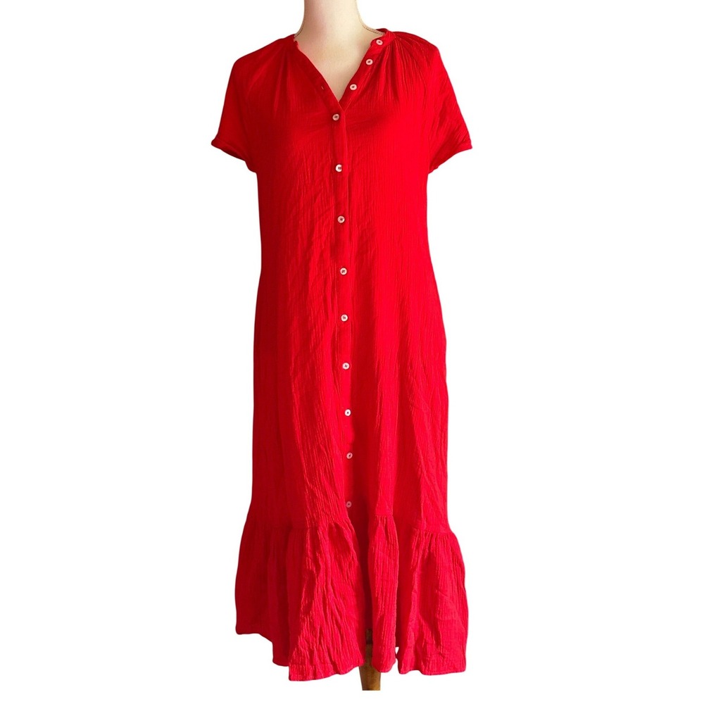 Mable Red Gauze Button Down MaxiDress Small, coastal, resort, effortless, tiered